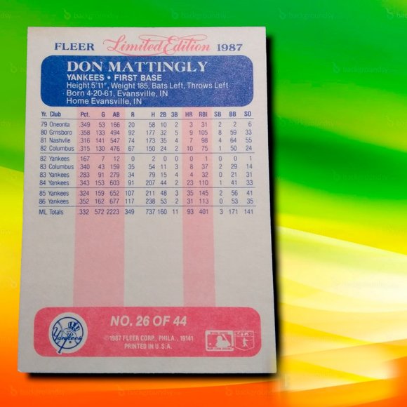 BASEBALL CARD DON MATTINGLY # 26 FLEER LIMITED EDITION 1987 - Picture 2 of 2
